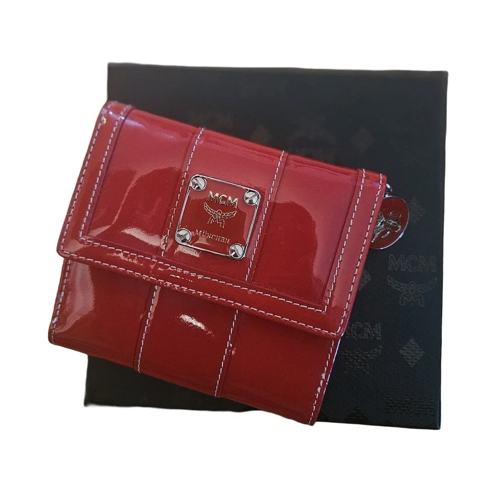 MCM Munchen Red Patent Leather Bifold Wallet with Logo Plaque and Box